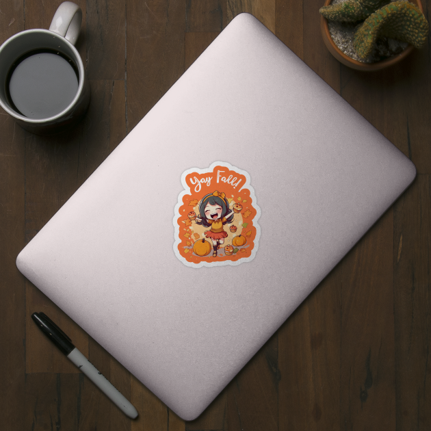 Fall for Our Adorable Chibi Art - Cute and Cozy Autumn Vibes, Yay FALL (White Letters) by HalloweeenandMore